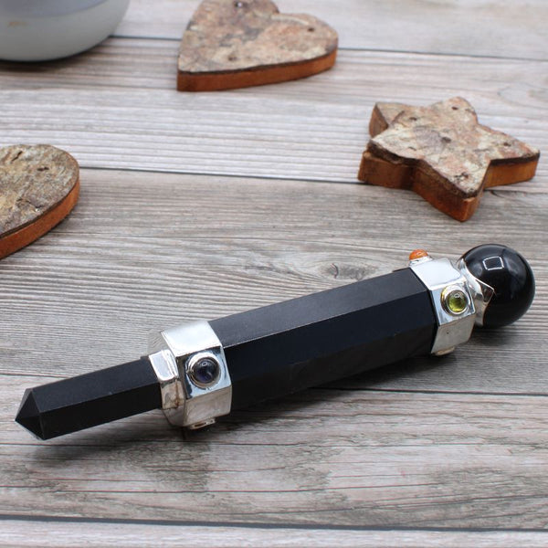 Baguette de rituel hexagonale en agate noire taillée à six faces, monture argentée