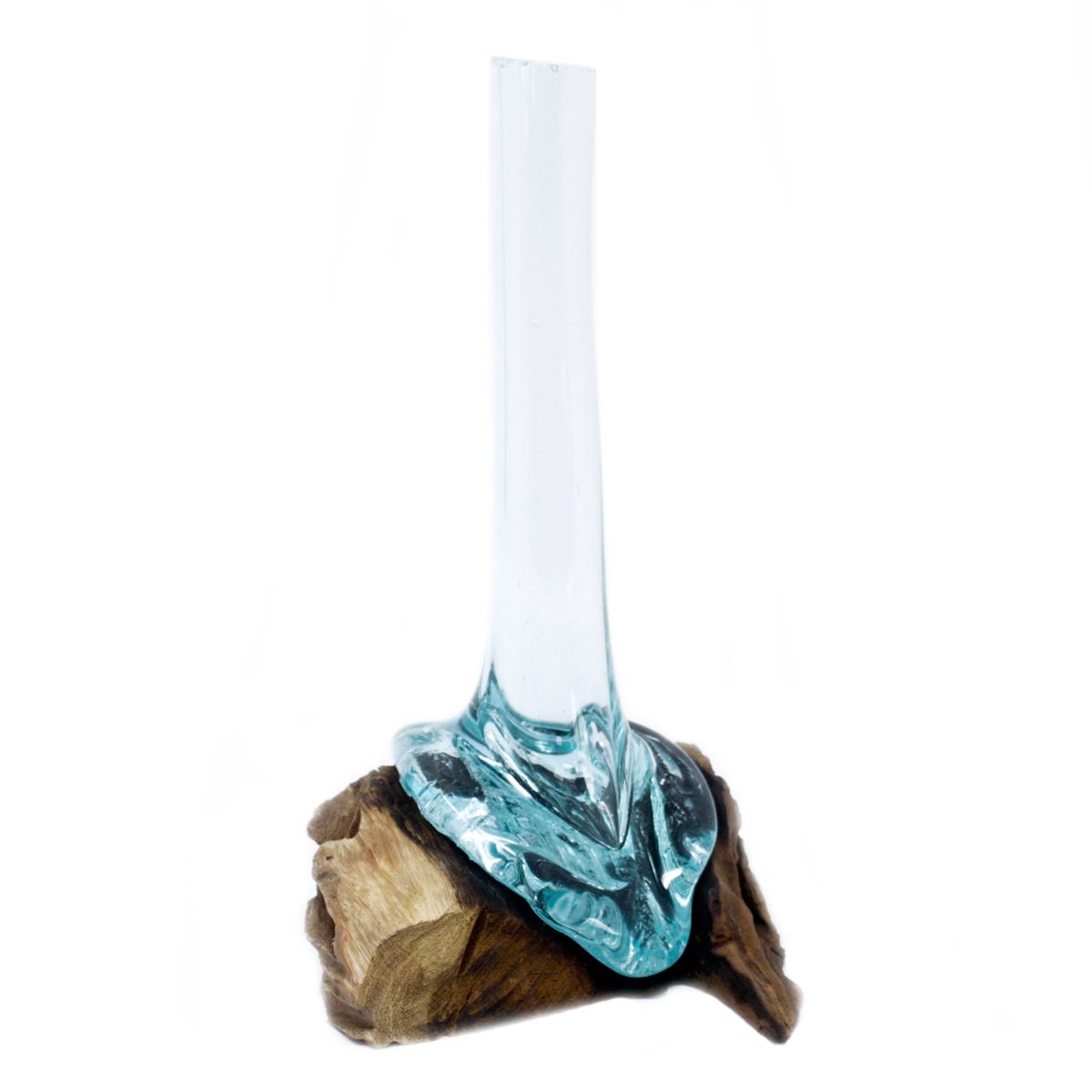 Soliflore élancé en verre soufflé de 28 cm jaillissant d'une racine de bois foncée