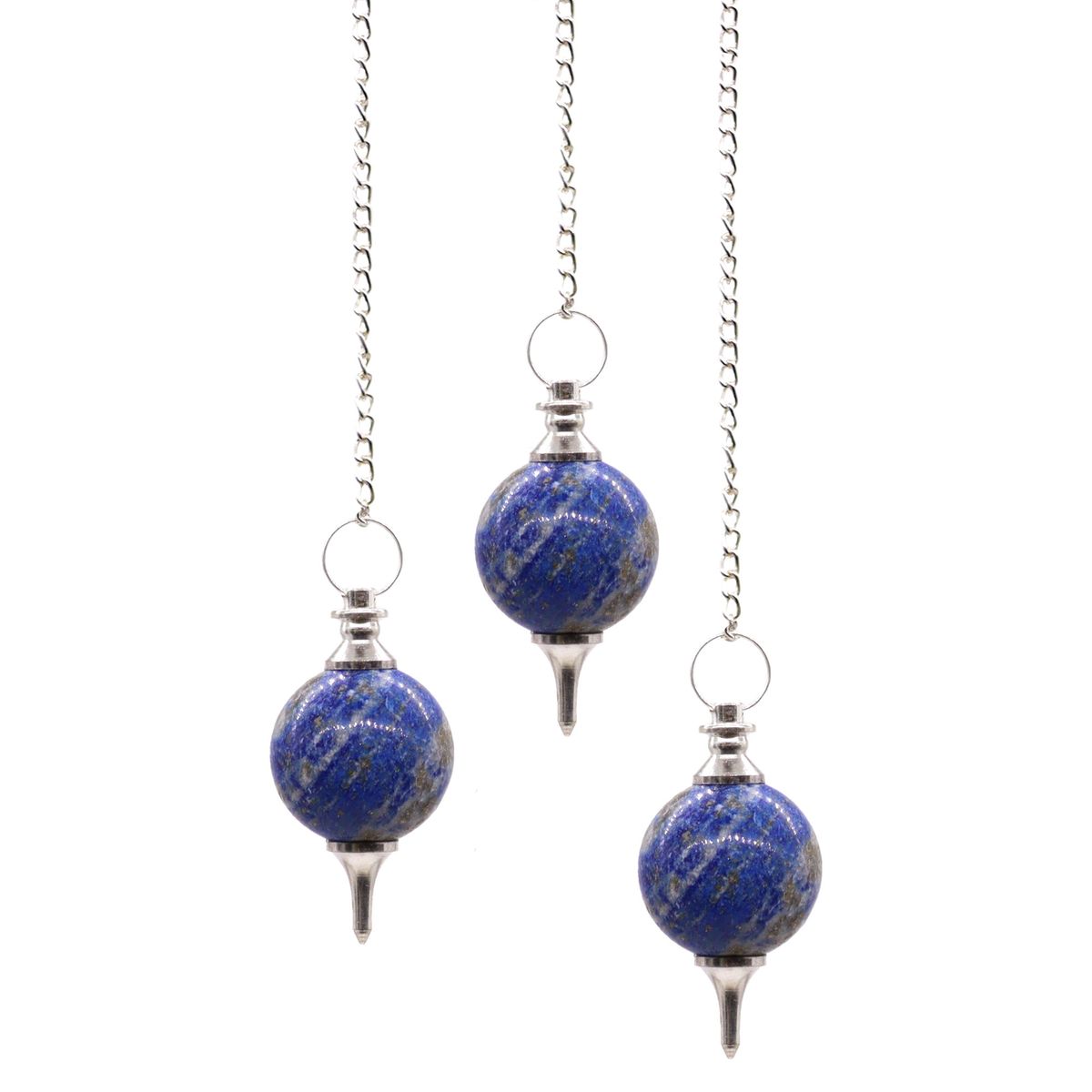 Pendules sphère en lapis-lazuli bleu outremer piqué d'or, embout argenté et pointe fine, chaîne et anneau