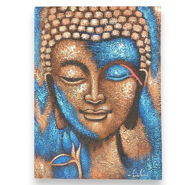Toile peinte main signée, visage de Bouddha aux yeux clos en bleu et cuivre avec fleur de lotus, 75 × 55 cm