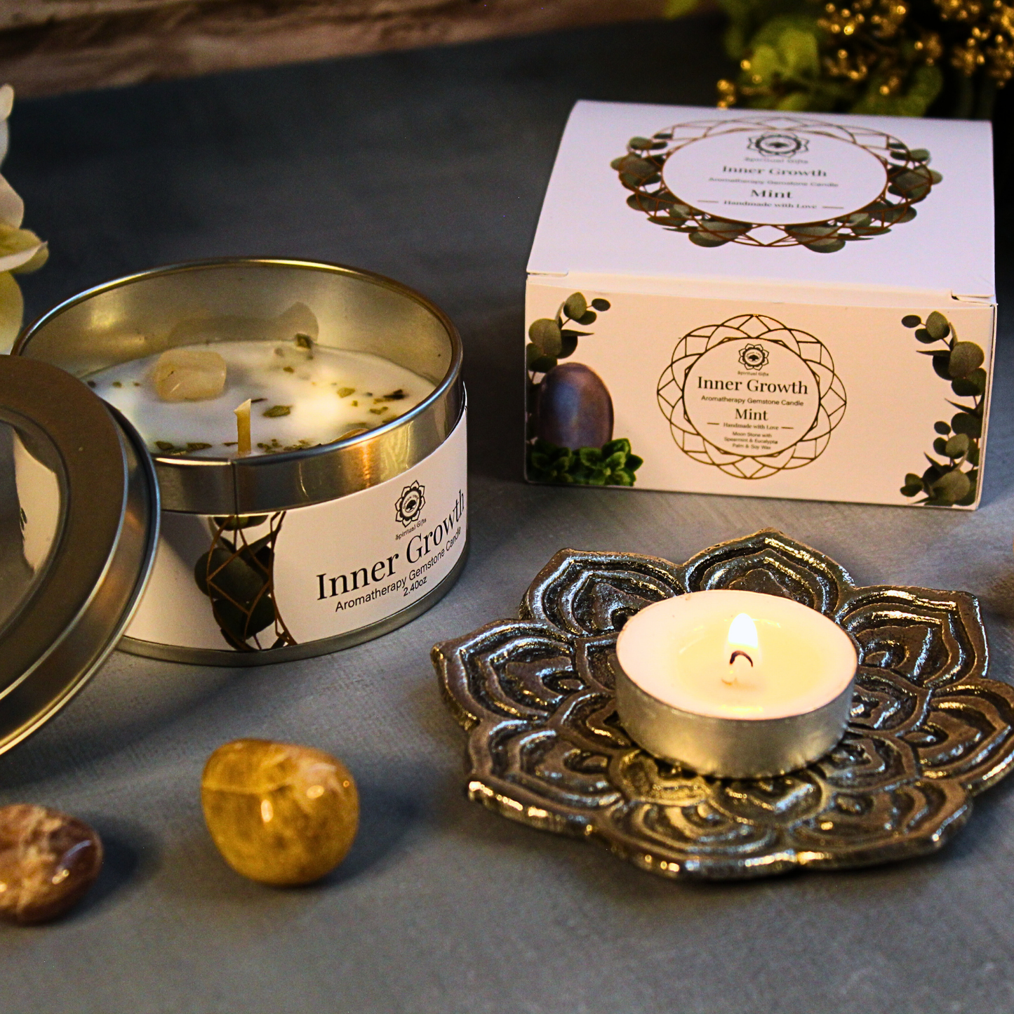 Bougie Parfumée Pierre Précieuse – Croissance Intérieure à la Menthe (70 g)