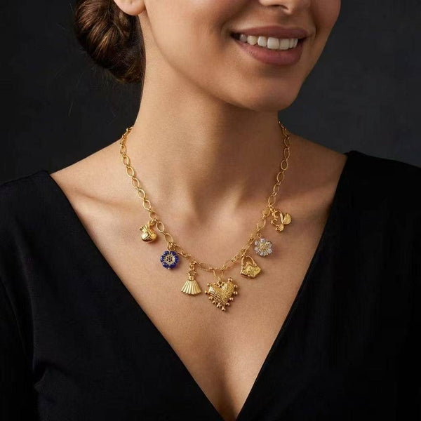 Collier Multi Charms Symboliques Doré – Acier Inoxydable Style Bohème Chic