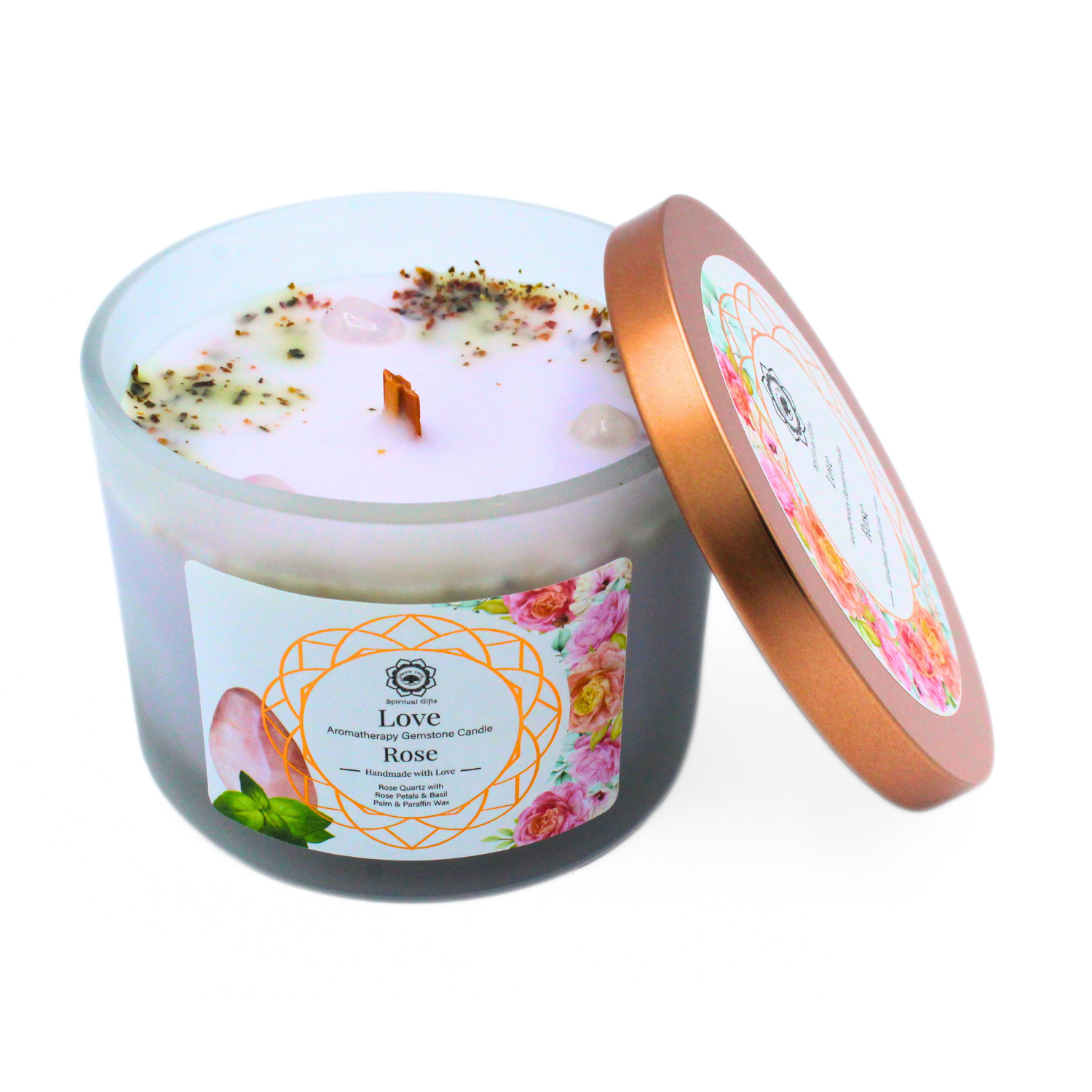 Bougie Parfumée Pierre Précieuse – Arbre Vert Amour à la Rose (256 g)