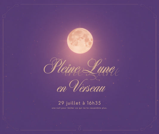 Pleine Lune en Verseau le 29 juillet 2026 à 16h35, illustration mystérieuse violette et dorée