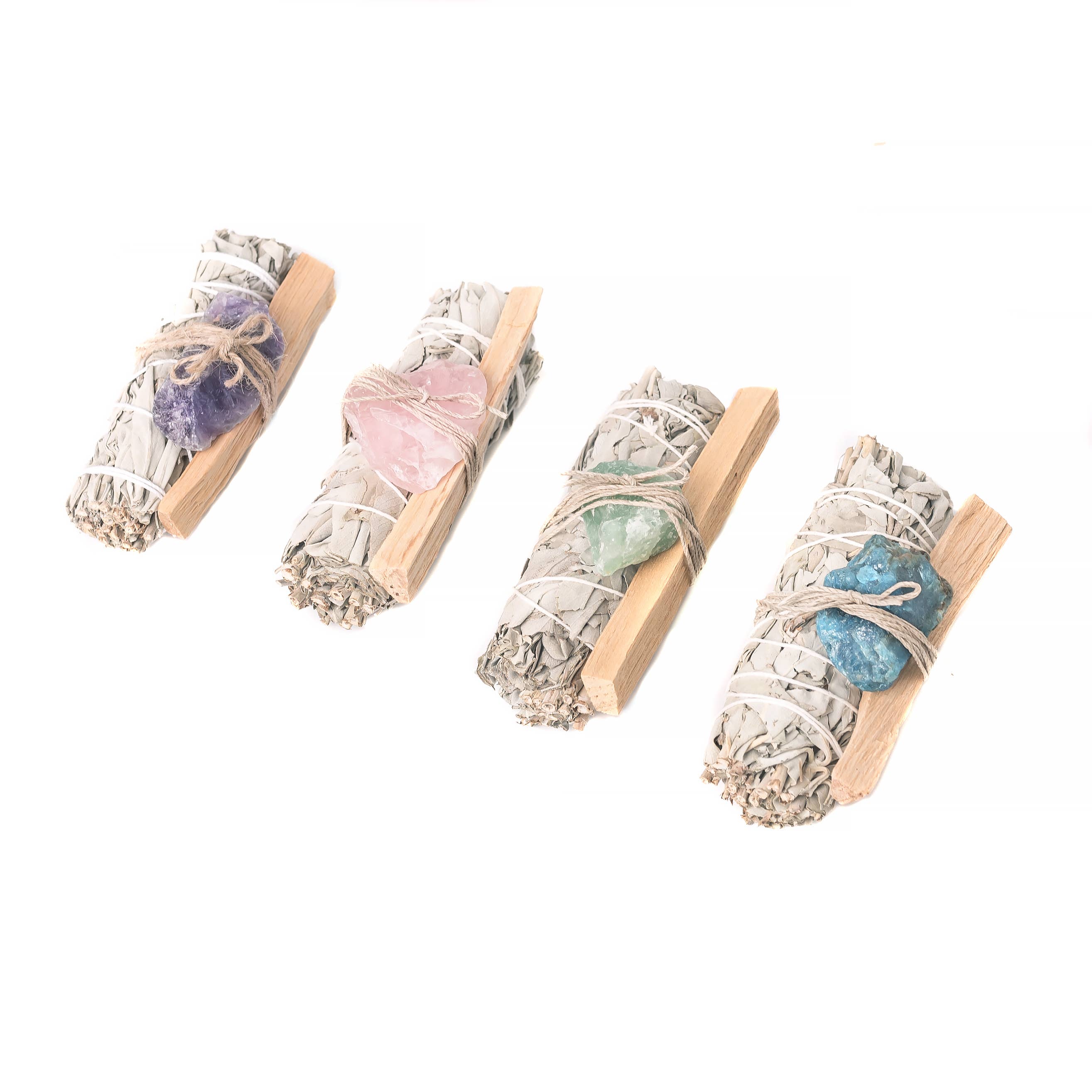 Lot de 4 Sage, Rough Crystals et Palo Santo dans un sac