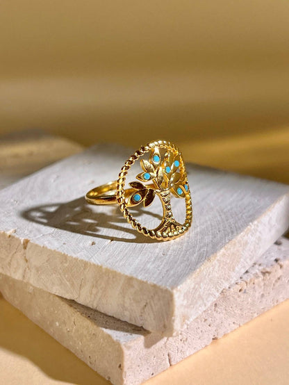 Bague Arbre de Vie & Turquoise Dorée – Acier Inoxydable • Harmonie & Renouveau