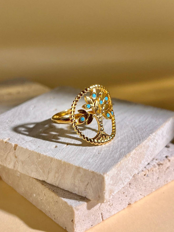 Bague Arbre de Vie & Turquoise Dorée – Acier Inoxydable Harmonie & Renouveau