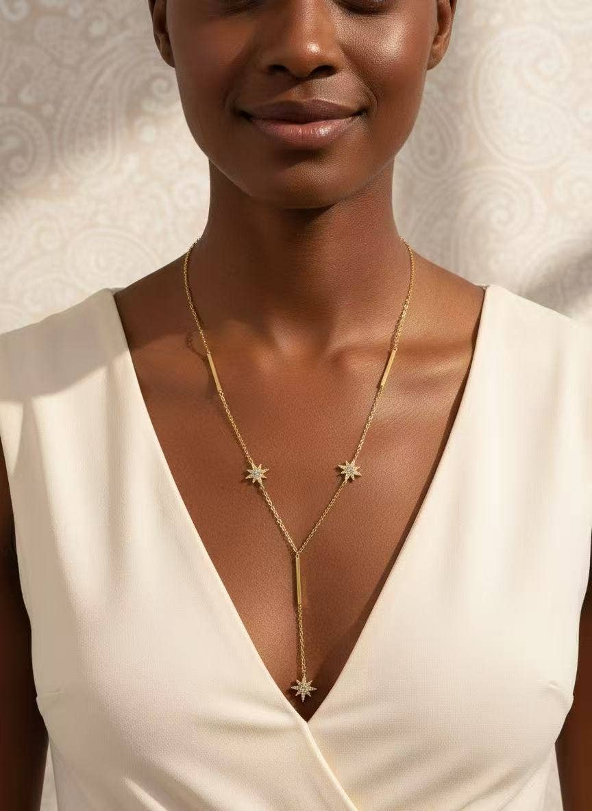 Collier Y Étoile Scintillante – Acier Inoxydable Doré & Strass Lumineux