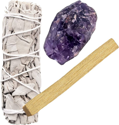 Ensemble de Sauge Blanche, Améthyste Brute et Palo Santo
