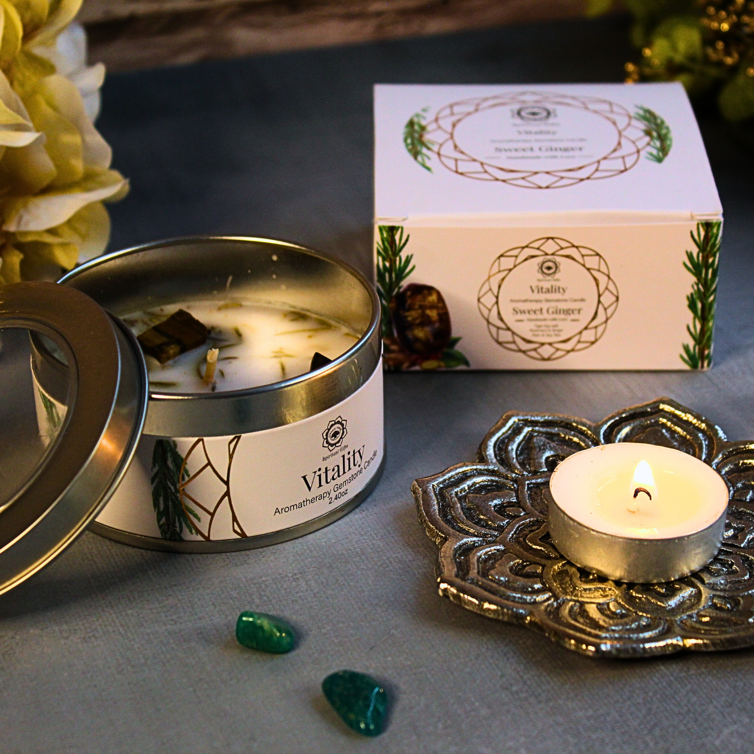 Bougie Parfumée Pierre Précieuse – Vitalité Gingembre Doux (70 g)