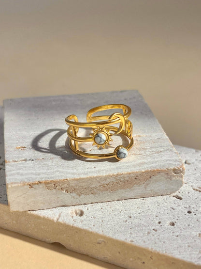 Bague réglable Lune, Étoile & Soleil avec pierre