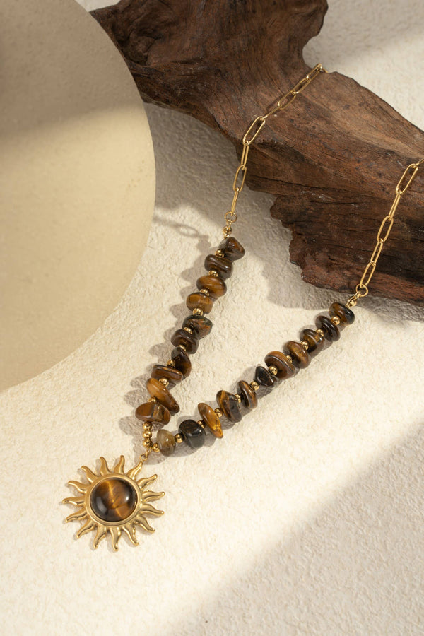 Collier Soleil & Œil de Tigre – Acier Inoxydable Doré Énergie & Protection