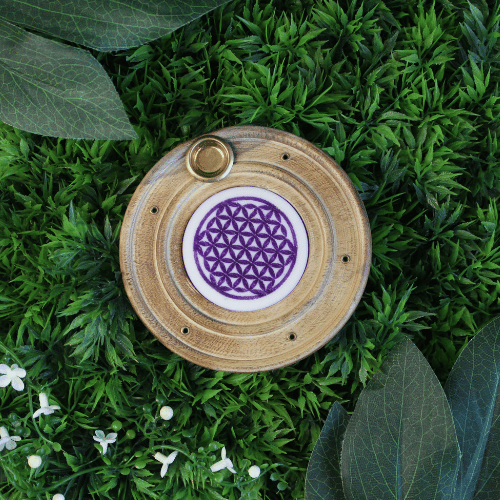 Brûleur d’Encens en Bois – Fleur de Vie Violette