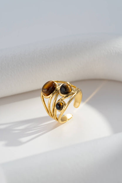 Bague Courbe Ajourée & Pierres Naturelles Ajustable – Acier Inoxydable • Élégance Moderne
