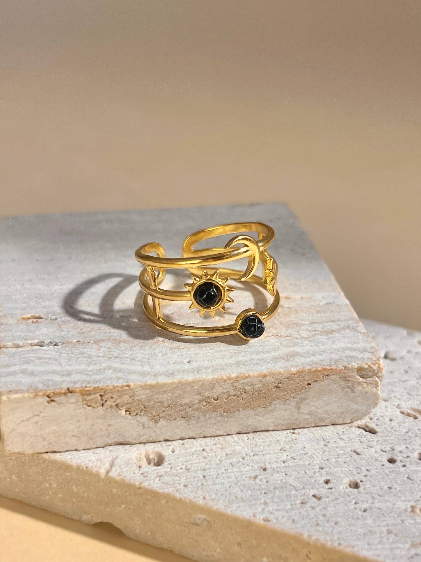 Bague réglable Lune, Étoile & Soleil avec pierre