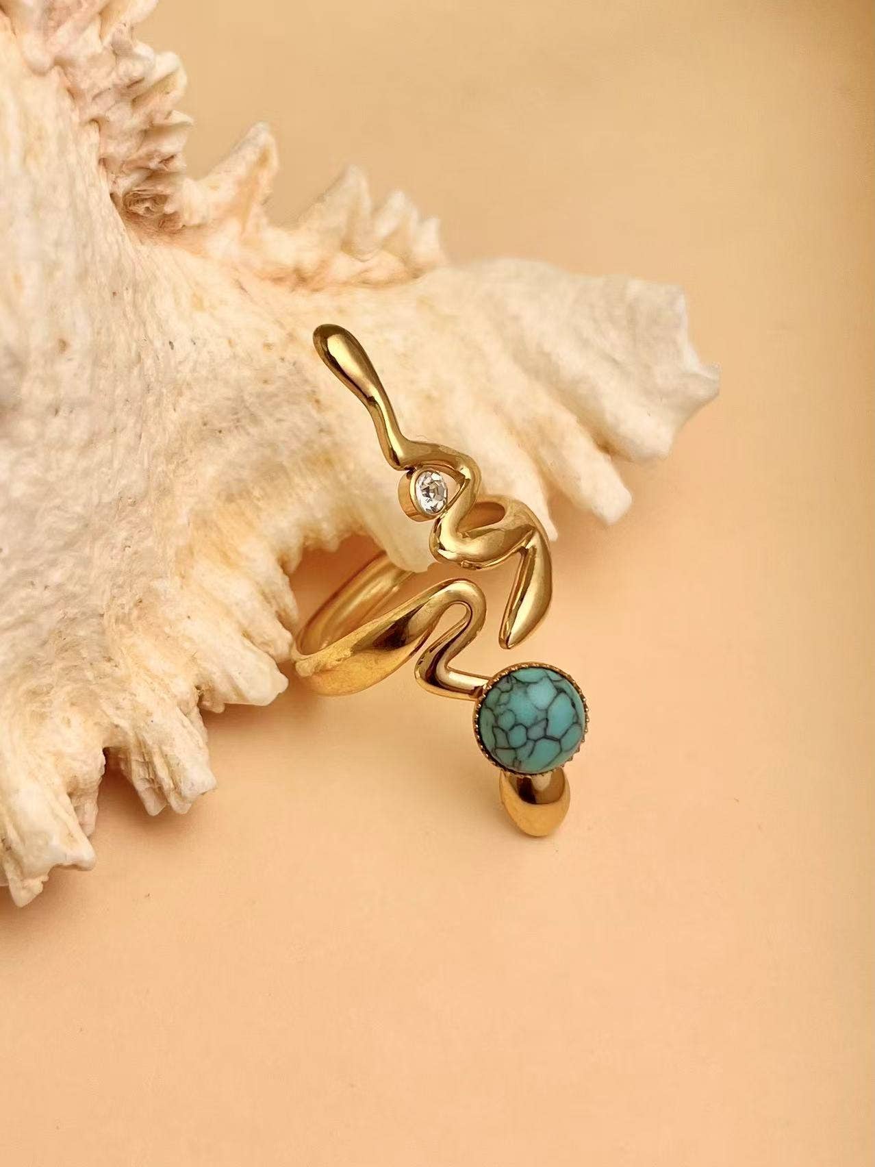 Bague acier inoxydable serpent dorée pierre ajustable: Turquoise