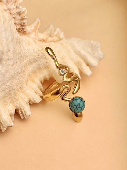 Bague Serpent Turquoise Dorée Ajustable – Acier Inoxydable • Mystère & Élégance