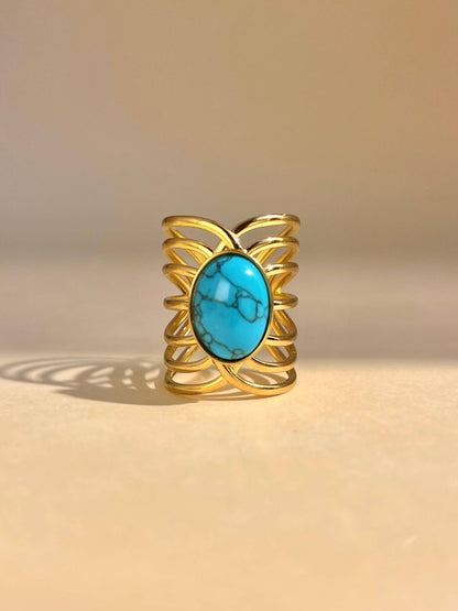 Bague Pierre Naturelle Dorée Ajustable – Acier Inoxydable • Turquoise ou Œil de Tigre