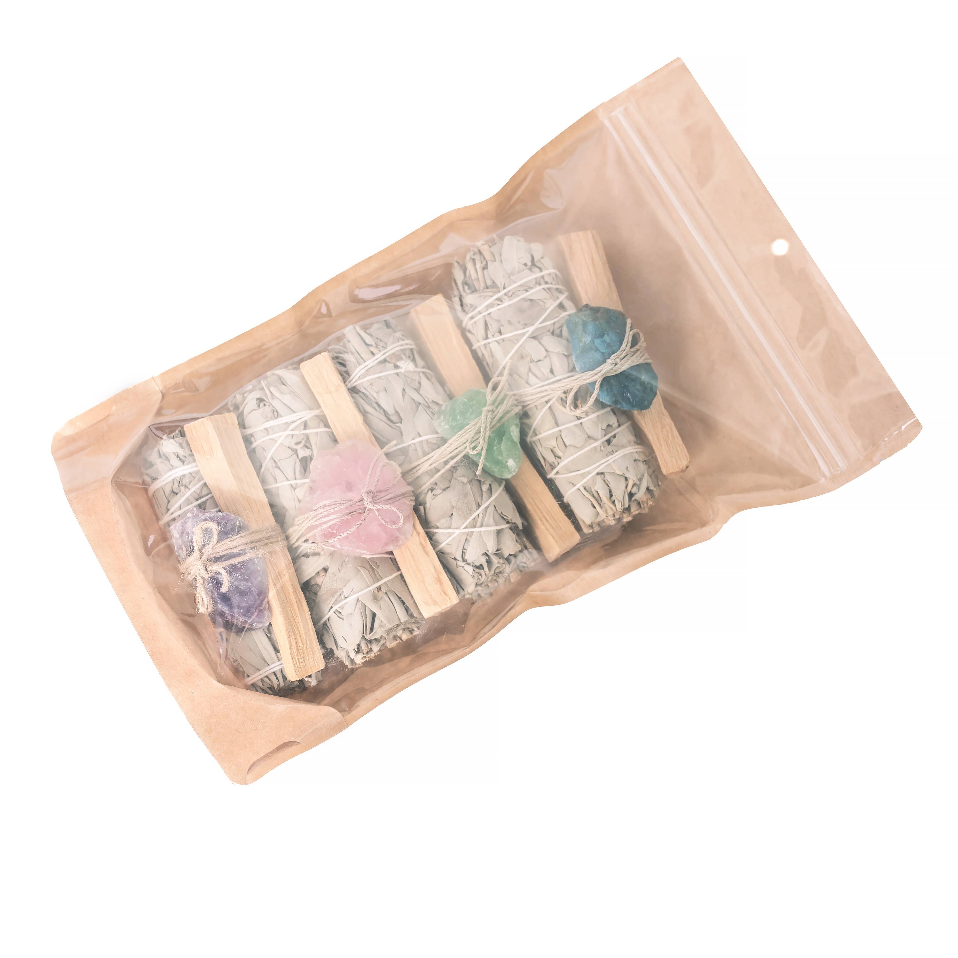Lot de 4 Sage, Rough Crystals et Palo Santo dans un sac