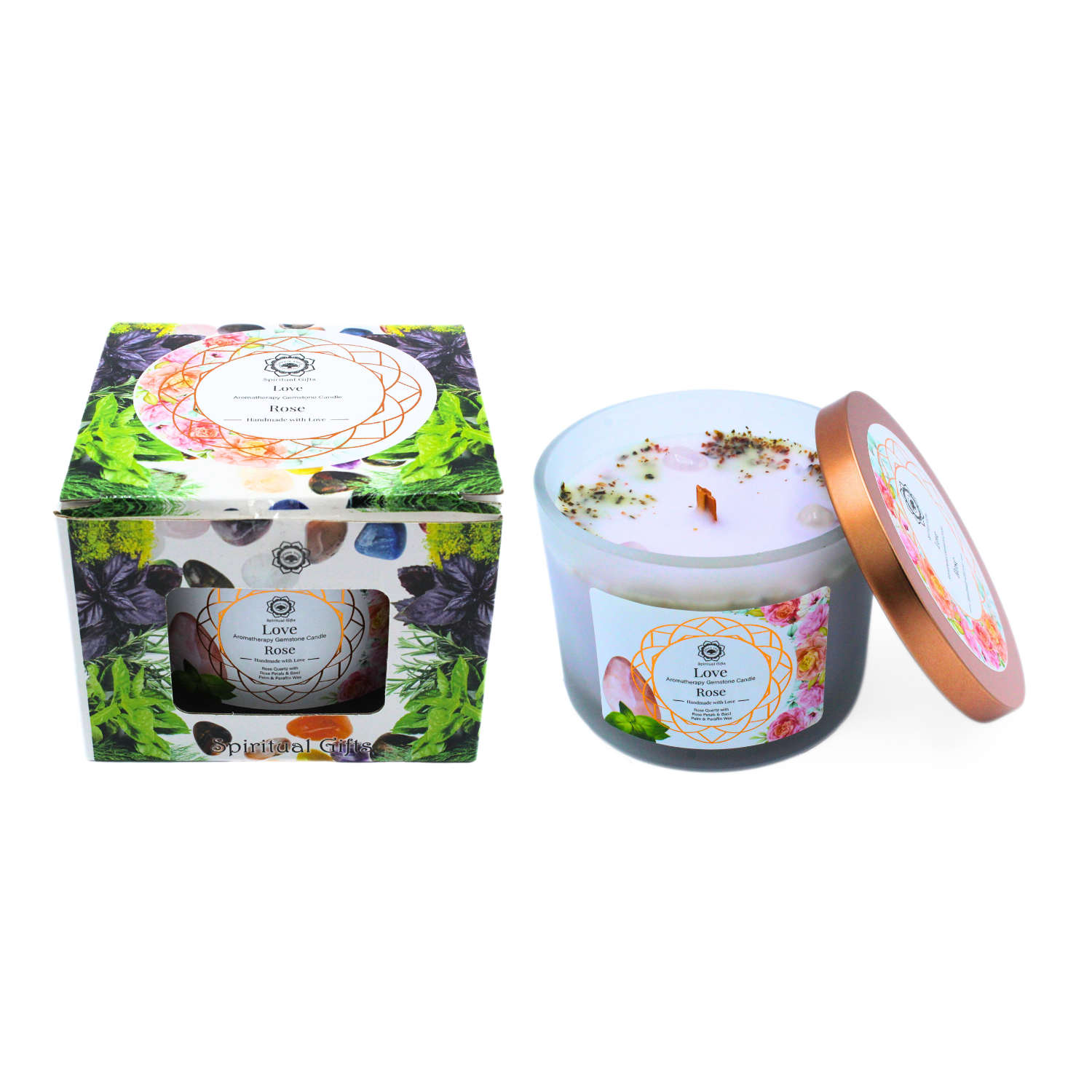 Bougie Parfumée Pierre Précieuse – Arbre Vert Amour à la Rose (256 g)