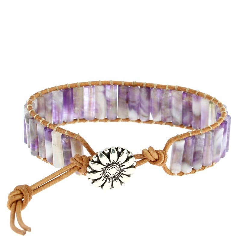 Bracelet Améthyste Chevron Petits Tubes 4 x 13 mm et Cuir