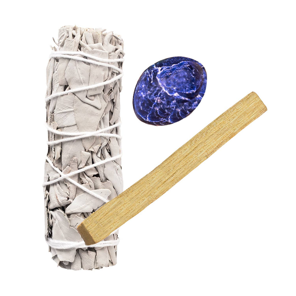 Ensemble Sauge Blanche, Cristal de Sodalite et Bâton de Palo Santo