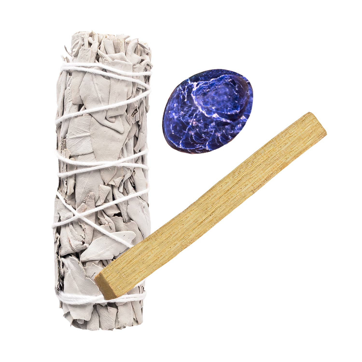 Ensemble Sauge Blanche, Cristal de Sodalite et Bâton de Palo Santo