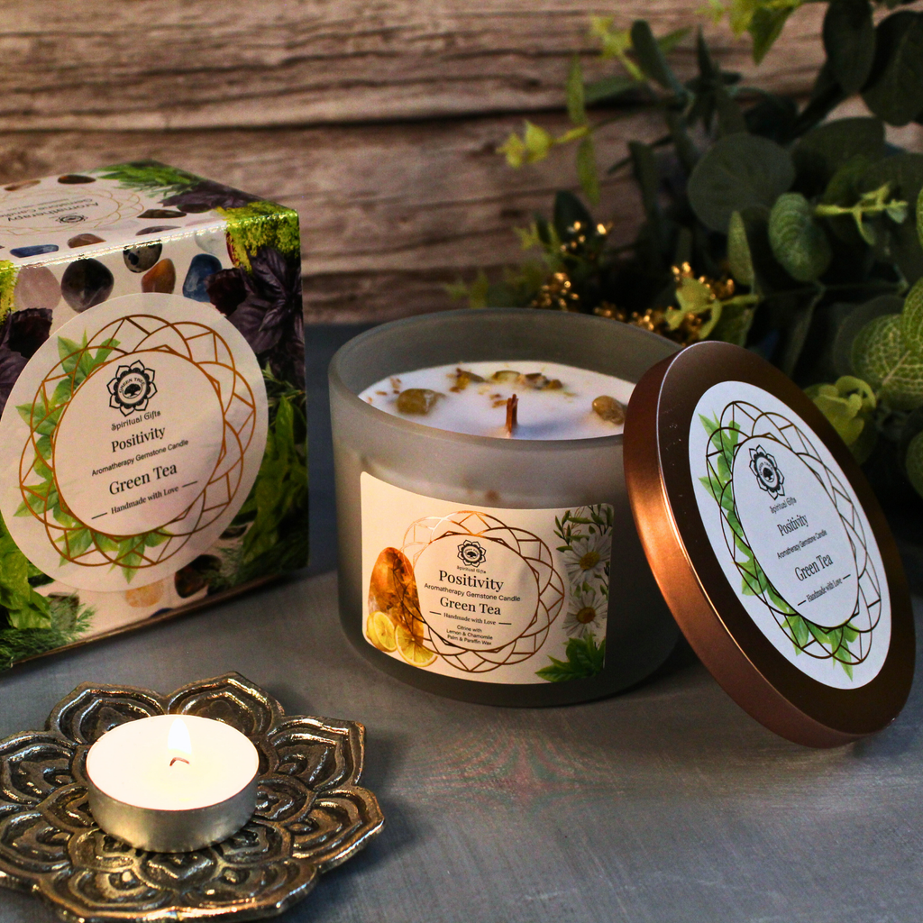 Bougie Parfumée Pierre Précieuse – Arbre Vert Positivité au Thé Vert (256 g)