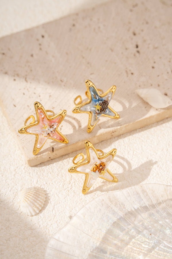 Bague Étoile de Mer Ajustable – Résine Colorée & Acier Inoxydable Doré Esprit Marin
