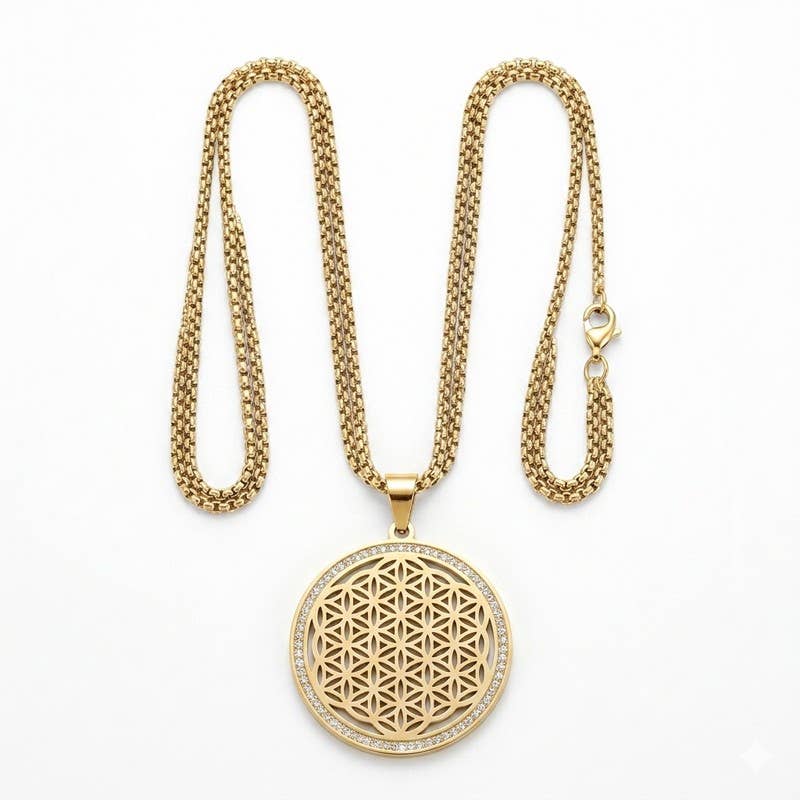 Collier Fleur de Vie Plaqué Or & Zircon – Acier Inoxydable Harmonie & Unité