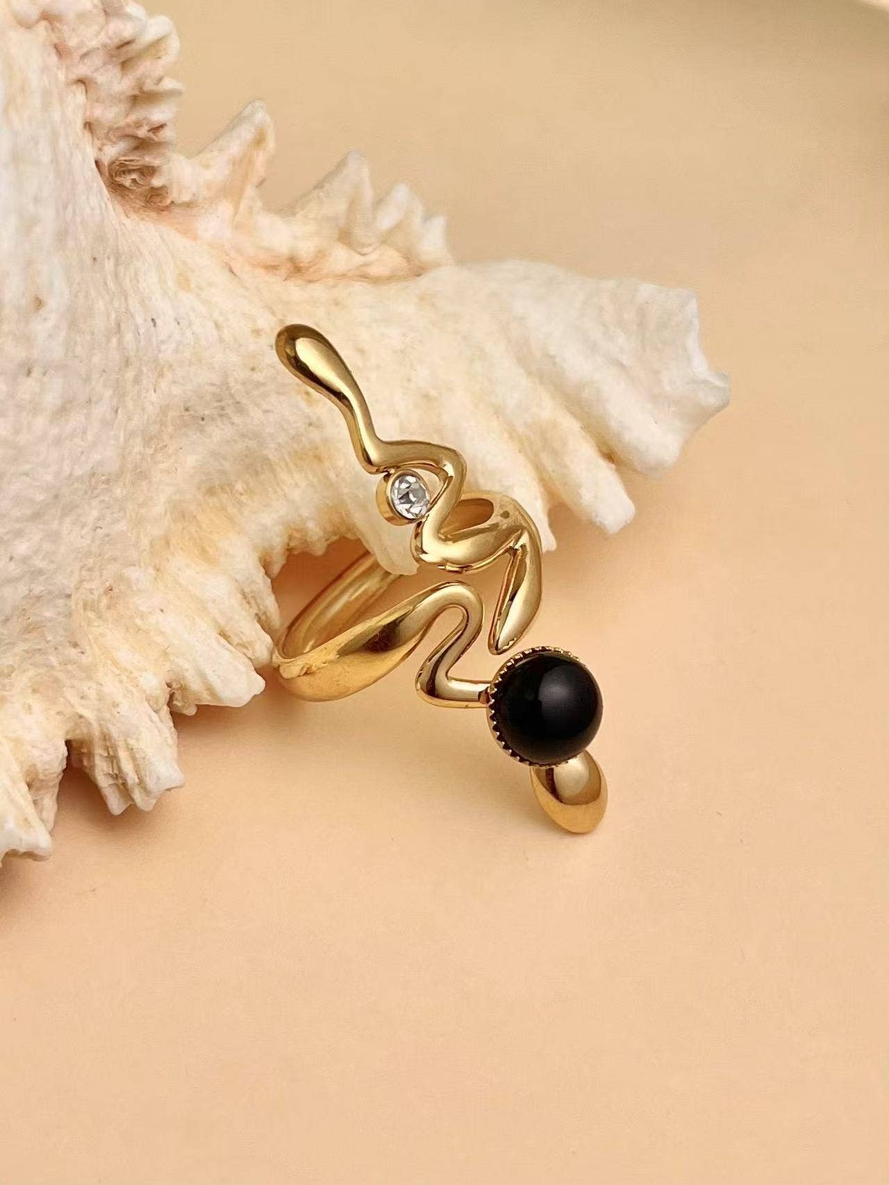 Bague acier inoxydable serpent dorée pierre ajustable: Noir