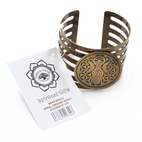 Bracelet Énergétique en Laiton Doré – Croissant de Lune & Fleur de Vie