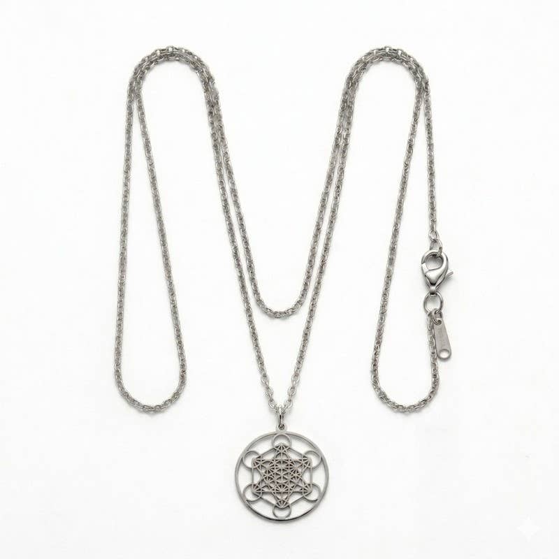 Collier Cube de Métatron Argenté – Acier Inoxydable Protection & Équilibre