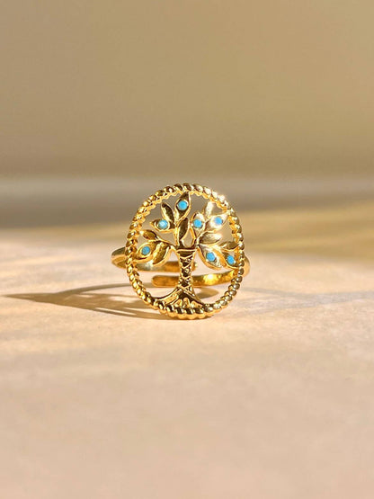 Bague Arbre de Vie & Turquoise Dorée – Acier Inoxydable • Harmonie & Renouveau