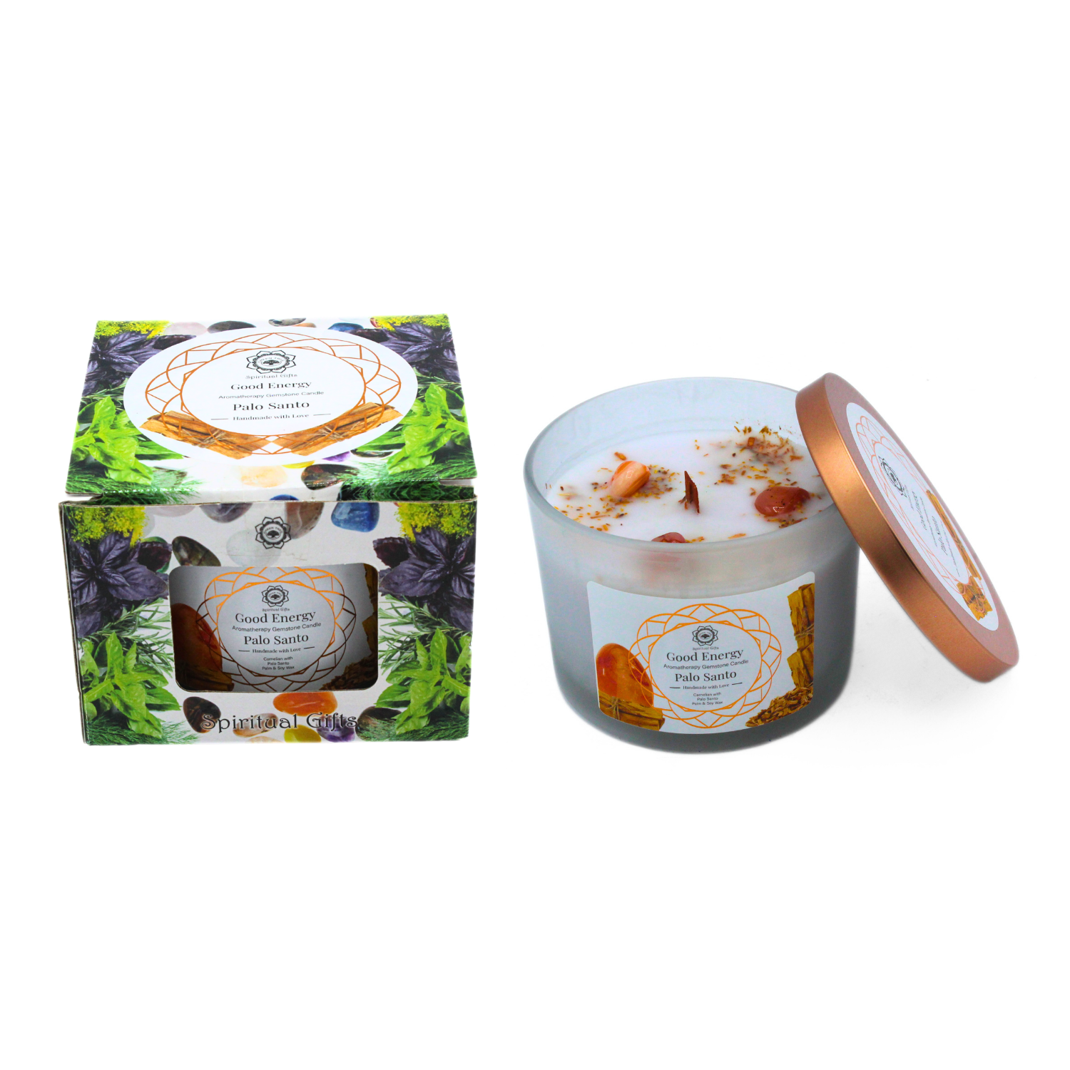 Bougie Parfumée Pierre Précieuse – Arbre Vert Bonne Énergie au Palo Santo (256 g)