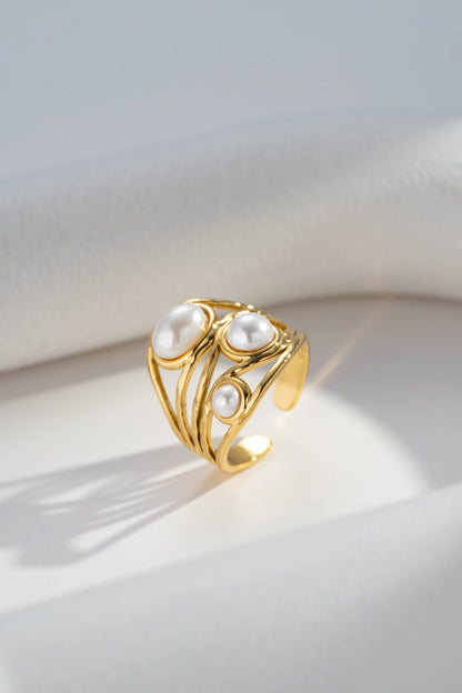 Bague Courbe Ajourée & Pierres Naturelles Ajustable – Acier Inoxydable • Élégance Moderne