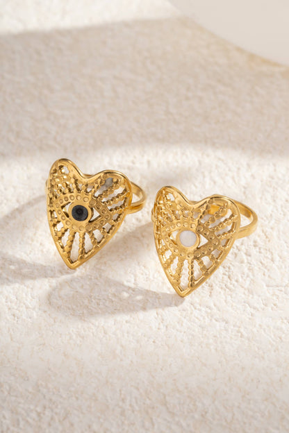 Bague Cœur & Œil Protecteur – Acier Inoxydable Doré • Pierre Blanche ou Noire