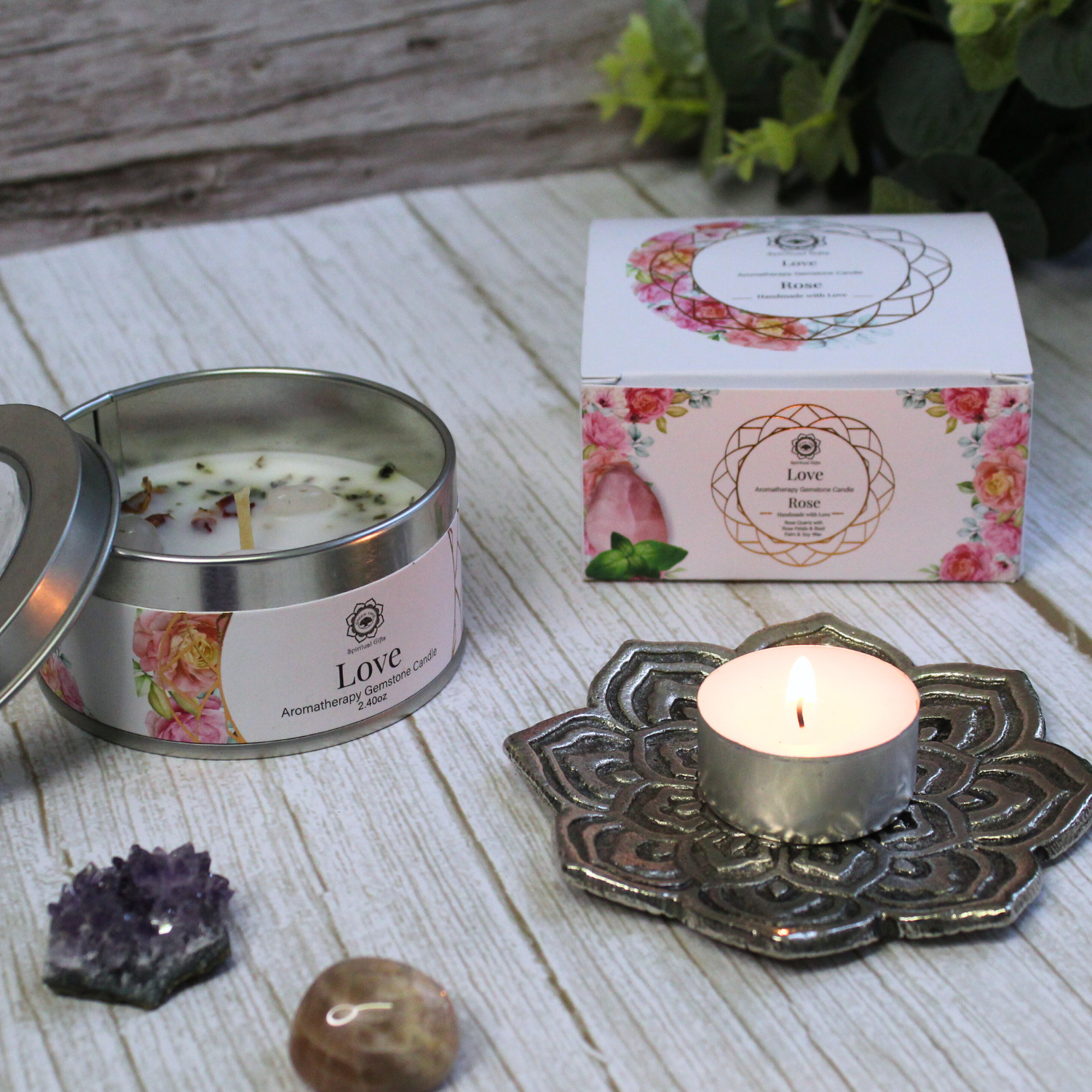 Bougie Énergétique Arbre Vert – Amour & Douceur à la Rose (70 g)