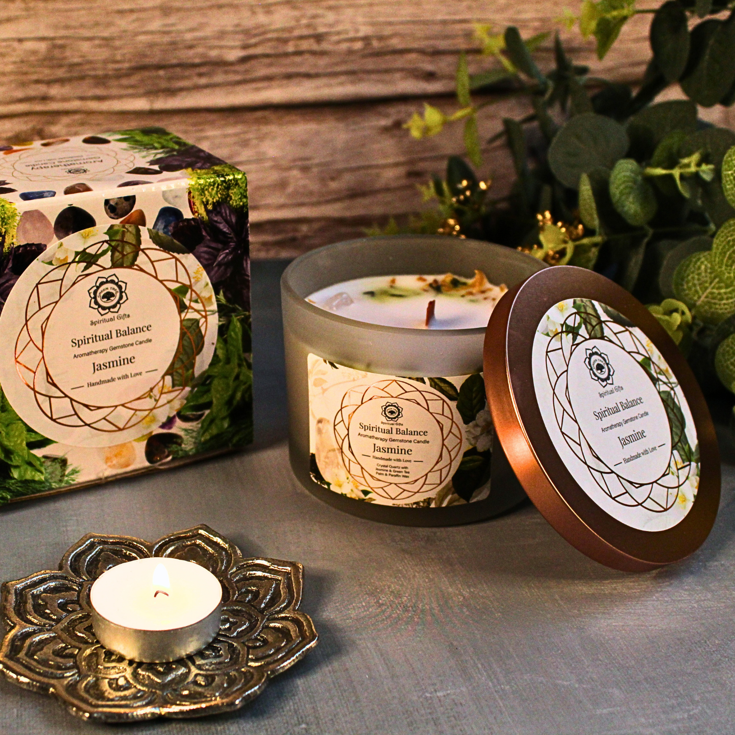 Bougie Énergétique Arbre Vert – Équilibre Spirituel & Jasmin (256 g)