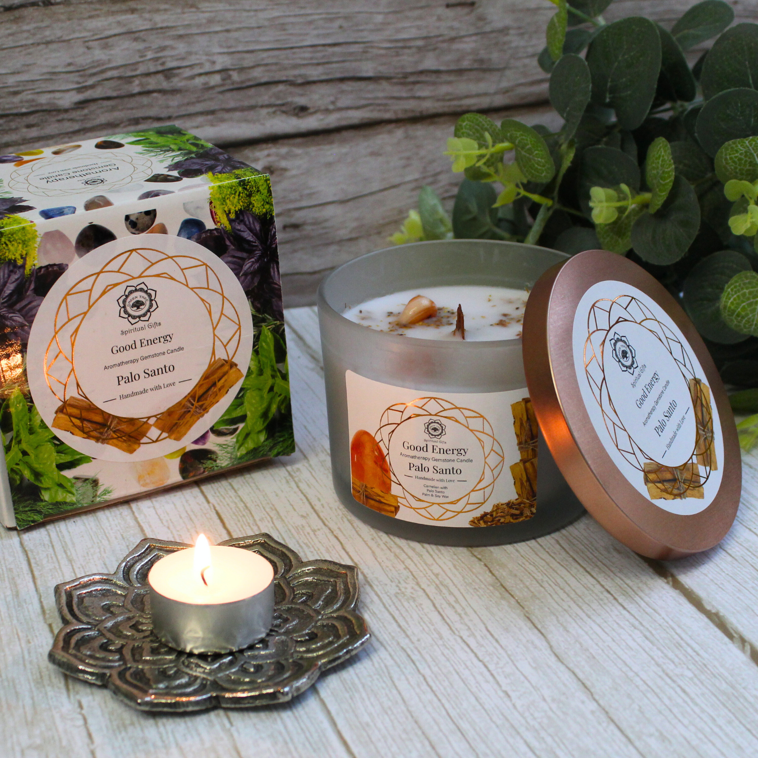 Bougie Parfumée Pierre Précieuse – Arbre Vert Bonne Énergie au Palo Santo (256 g)