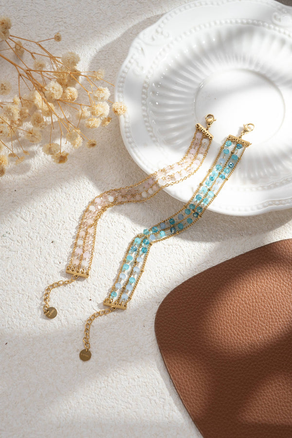 Bracelet Multirangs Perles Rose & Turquoise – Acier Inoxydable Bohème Chic