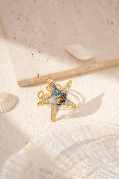 Bague Étoile de Mer Ajustable – Résine Colorée & Acier Inoxydable Doré • Esprit Marin