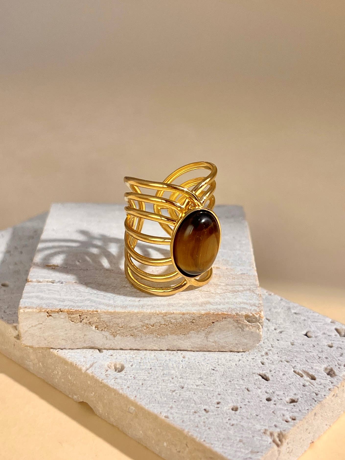 Bague Pierre Naturelle Dorée Ajustable – Acier Inoxydable • Turquoise ou Œil de Tigre