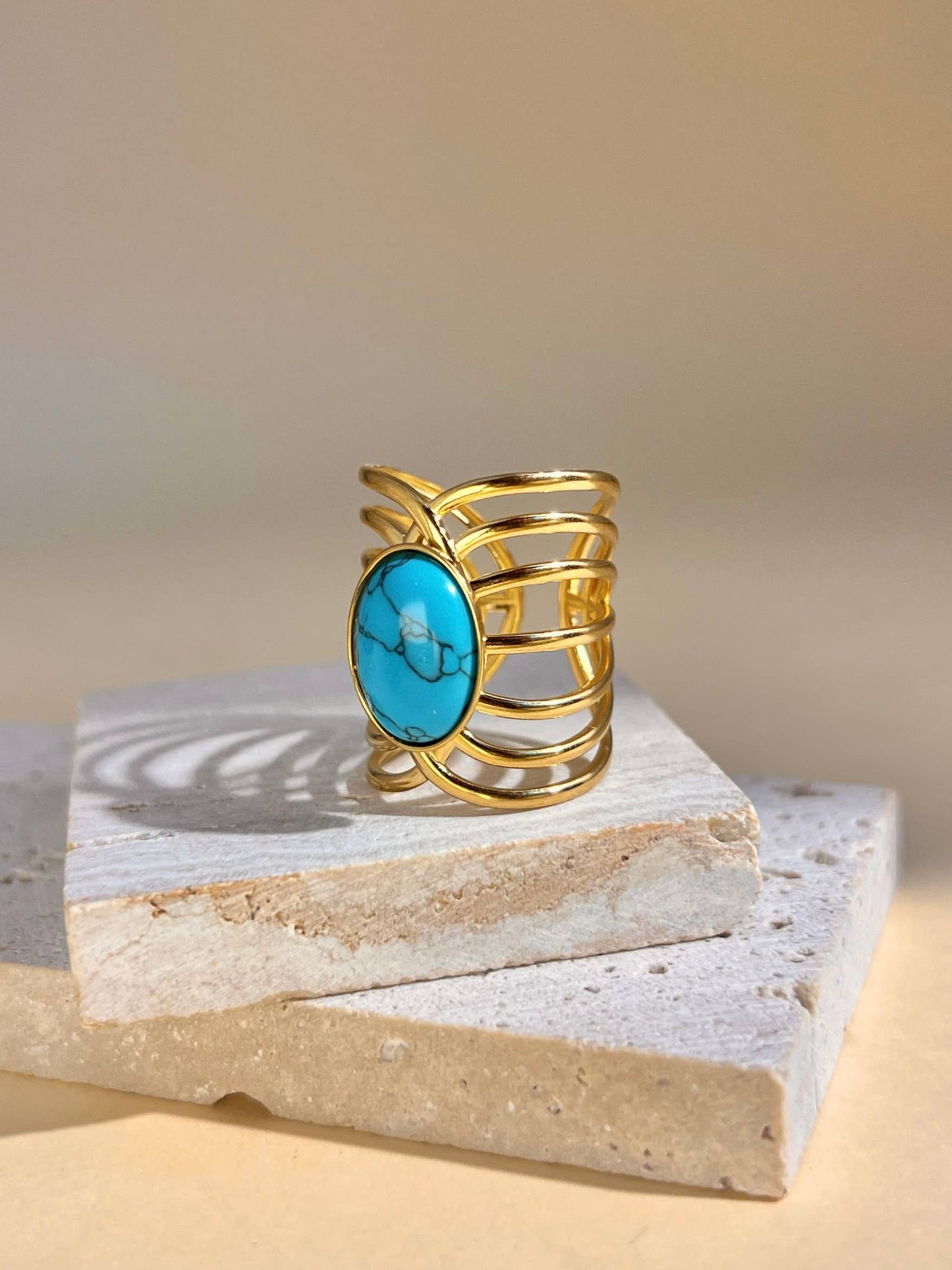 Bague Pierre Naturelle Dorée Ajustable – Acier Inoxydable • Turquoise ou Œil de Tigre