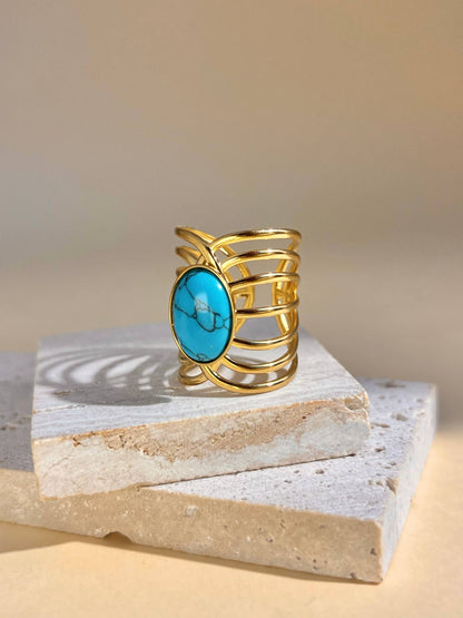 Bague Pierre Naturelle Dorée Ajustable – Acier Inoxydable • Turquoise ou Œil de Tigre
