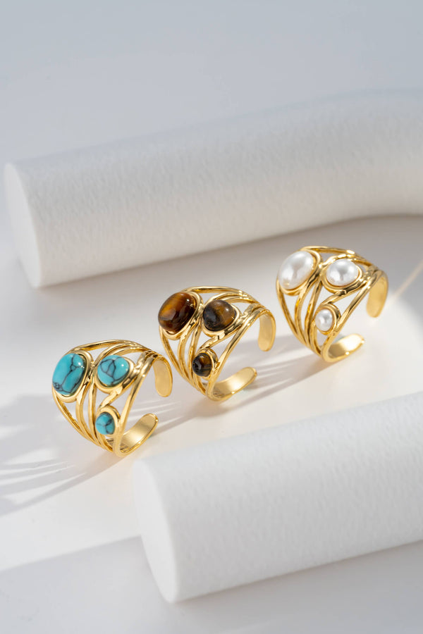 Bague Courbe Ajourée & Pierres Naturelles Ajustable – Acier Inoxydable Élégance Moderne