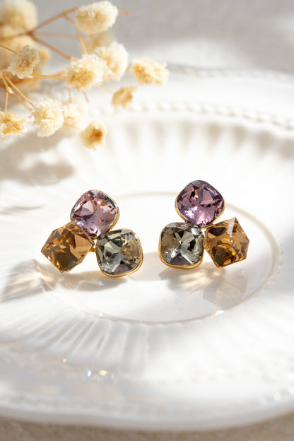 Boucles d'Oreilles Dégradé 3 Cristaux Doré – Acier Inoxydable • Harmonie & Éclat