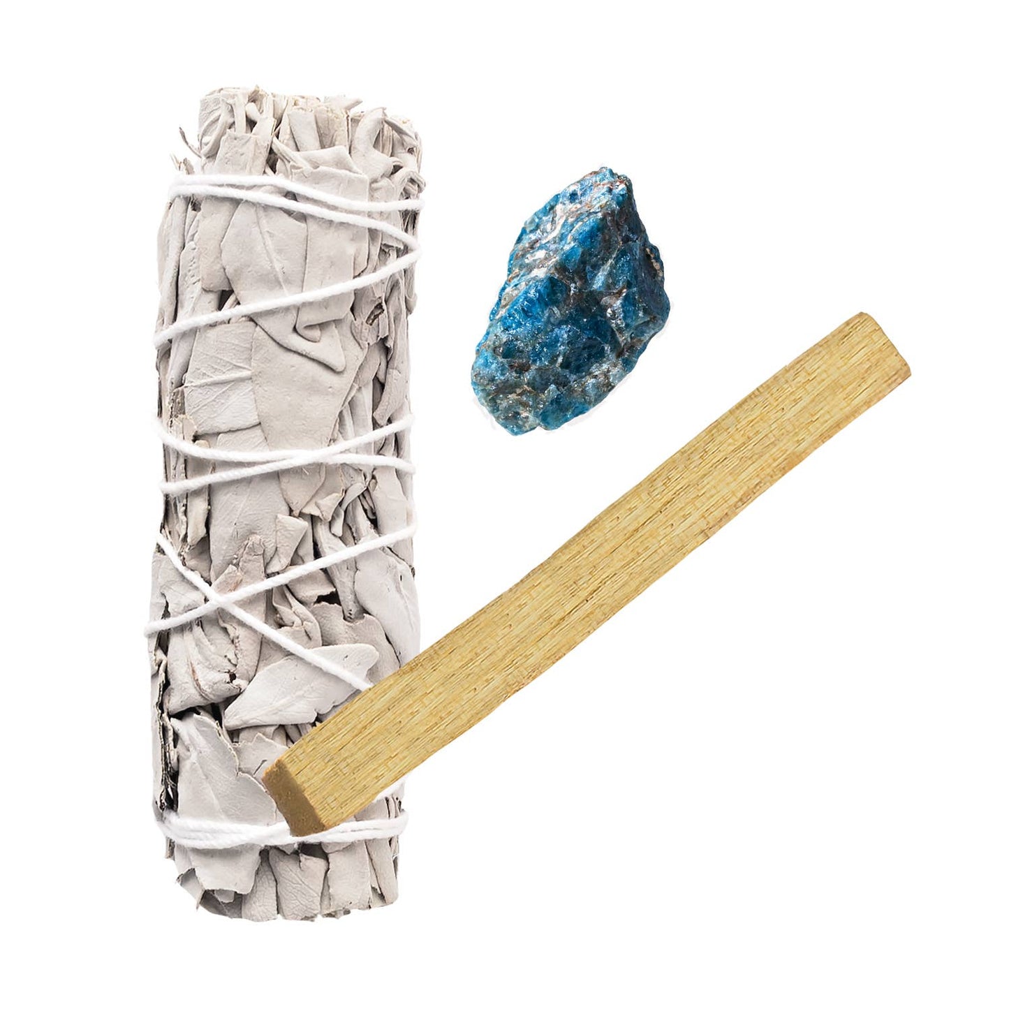 Ensemble de Sauge Blanche, Apatite Bleue Brute et Palo Santo