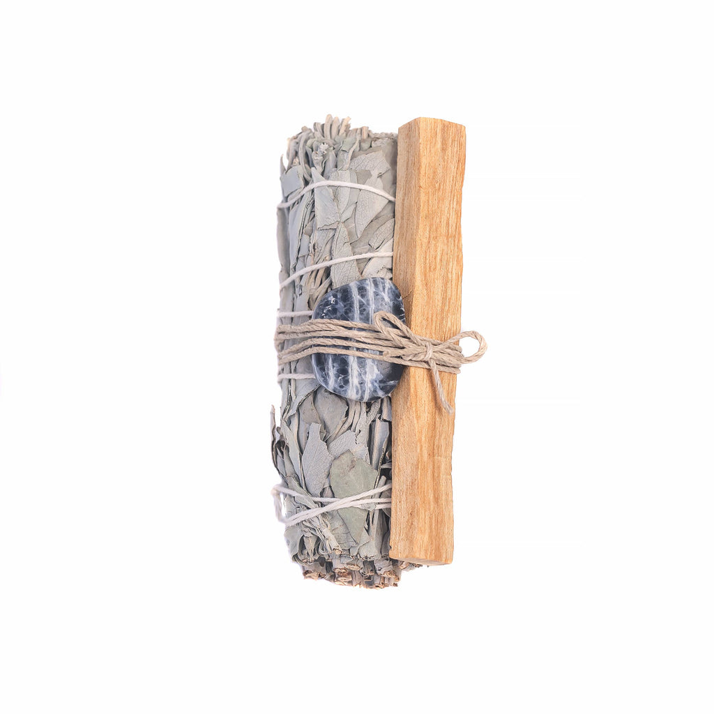 Ensemble Sauge Blanche, Cristal de Sodalite et Bâton de Palo Santo
