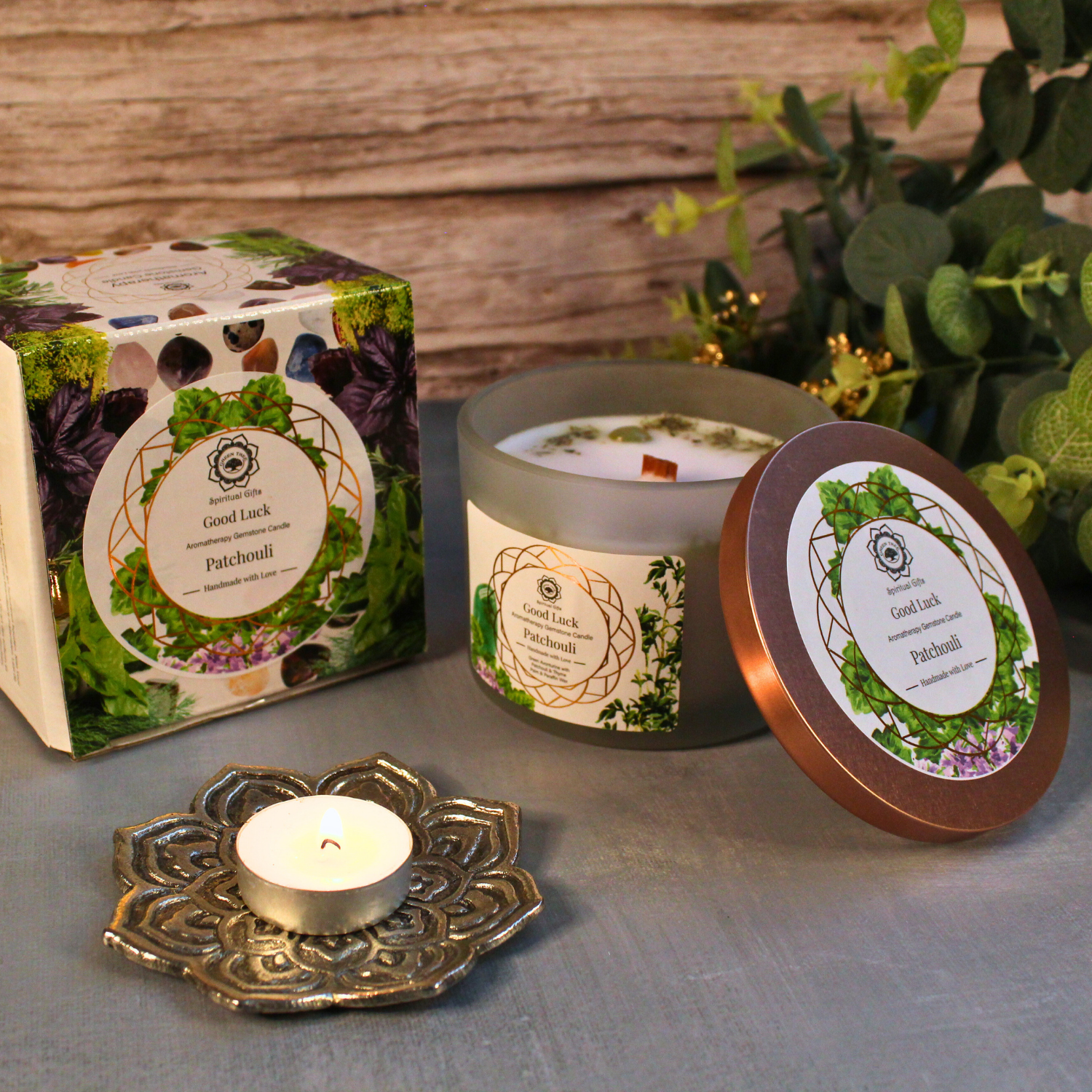 Bougie Parfumée Pierre Précieuse – Arbre Vert Bonne Chance au Patchouli (256 g)